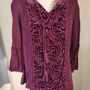 Cranberry boho top with velvet front detailing